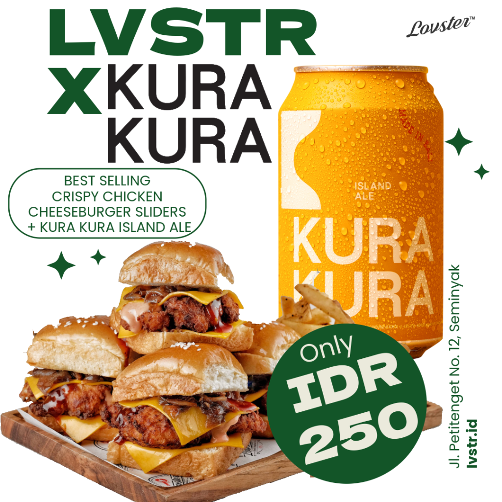 MENU lvstr x kura kura cheeseburger slider x island ale